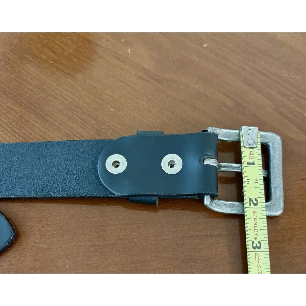 Men's Black Leather Casual Belt Size 46 Distressed Silver Buckle Jeans Work